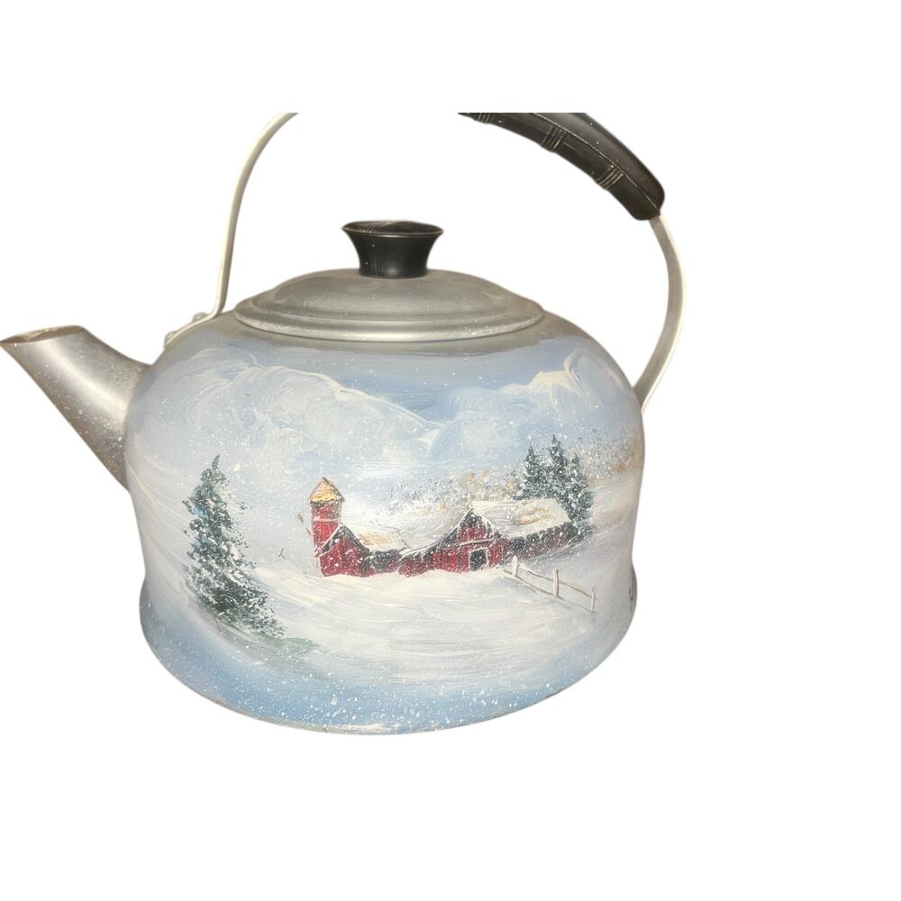 Hand Painted Vintage Teapot With Winter & Fall Scenery 9.25” Diameter
